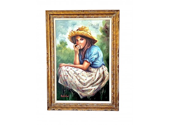 Portrait Of Girl With Straw Hat Signed By Artist,  Wadda Lov