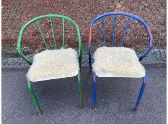 Pair Of Vintage Metal Dining Chairs With Icelandic Sheepskin Chair Pad 20x17x18in Seat 30 Back