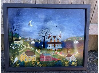 'Halloween On Buzzards Bay' Original Painting Signed JL Munro American Folk Art 20x16in Framed