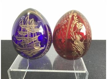 Red And Blue Glass Eggs With Gold Etchings- Sailboat And Eagle Designs