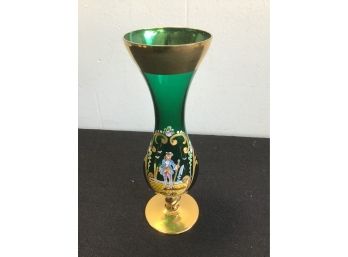 Green Glass And Gold Tone Trimmed Bud Vase