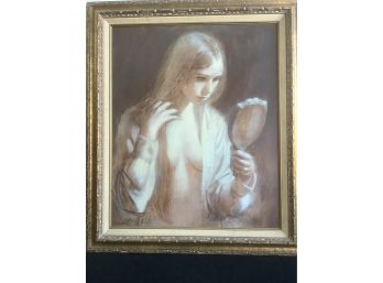 Signed Oil Painting Of A Young Women Staring Into A Mirror