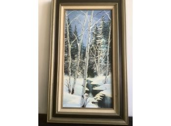 Winter Scene Oil On Canvas Of A River In The Woods