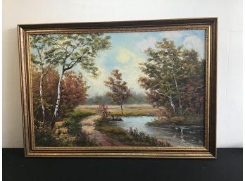 Collazzi Signed Oil On Canvas Of Oak Trees By The Water