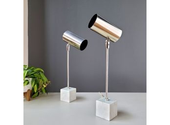 Pair 60s Chrome Canister Lamps On Marble Base