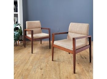 Pair 1973 Jens Risom Solid Black Walnut Arm Chairs
