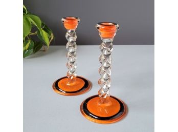 Pair Mid Century Tiffin Art Glass Candlesticks
