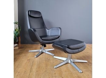 Retired Ikea Karlstad Leather Swivel Chair & Ottoman