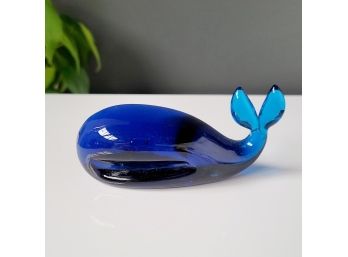 60s Cobalt Blue Glass Whale Paperweight