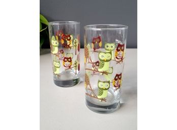 Pair 70s Cera Glass Owls Drink Glasses