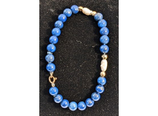 Bright Blue Pearl Bracelet With Gold And White Stones
