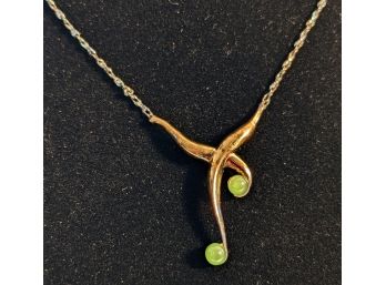 Elegant And Unique Sterling Necklace With 2 Small Green Stones - By Giant - Marked