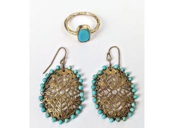 Pretty Costume Gold Ring & Earrings With Faux Turquoise