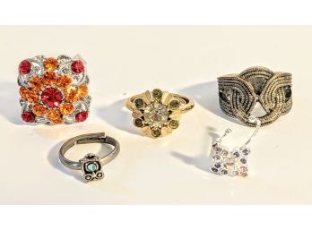 Assortment Of 5 Vibrant Rings With Colorful Rhinestones