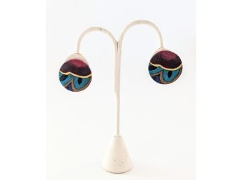 Fabric Disc Peirced Earrings With A Colorful Bold Pattern