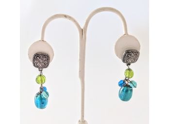 Blue-green And Silver Tone Dangling Bead Post Earrings With 4 Beads