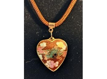 Gorgeous Cloisonn Enamel Heart Hanging On A Fabric Cord  With A Green Butterfly