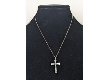 Turquoise And Sterling Hand Wrought Cross Necklace Signed 22'