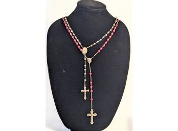 Two Long Christian Crucifix Necklaces With Red And Gold Beads