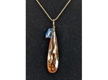 Facetted Citrine And Blue Glass On A Sterling Necklace 20' Marked