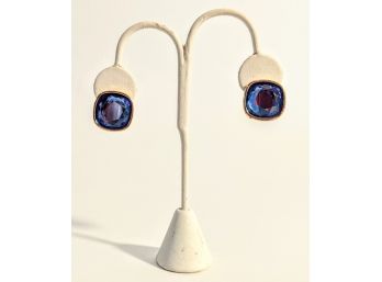 Gold Colored Costume Earrings With A Deep Blue Stone