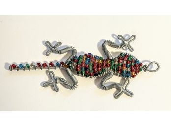 Wire And Rainbow Bead Lizard Pendant