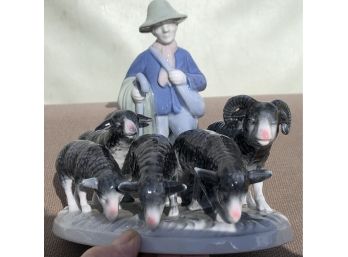 Beautifully Depicted German Porcelain Sheep Herder With Black Sheep Pink Nose Flock Bavarian {not Lladro}