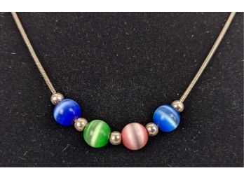 Vibrant Sterling Silver Necklace With Cats Eye Beads 18'