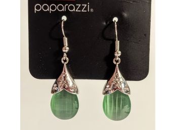 Shining Silver And Light Green Stone Paparazzi Pierce Earrings - Brand New