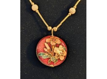 Dazzling Cloisonn Enamel Flower Disk  Necklace Decorated With Orange Flowers