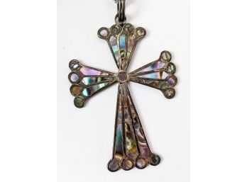 Inlaid Rainbow Abalone Shell Large Sterling Silver Cross ~ 28' Necklace