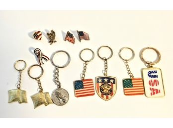 Patriotic Assortment Of  Vintage American Flag Keychains And Pins