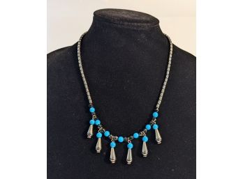 Silver, Black And Blue Bead Necklace
