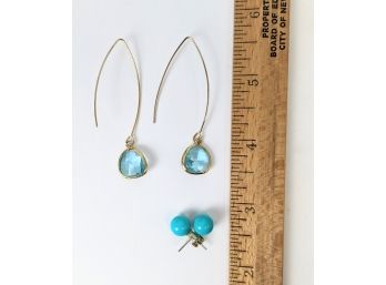 Brilliant Blue 3' Threader Earrings And Turquoise Pearl Studs
