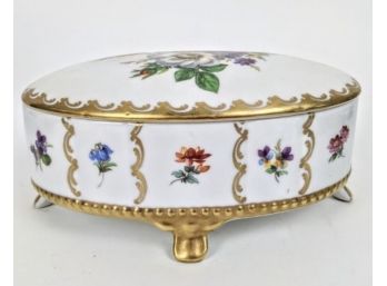 Vieux Limoges Fine Porcelain Lidded Footed Gilded Porcelain Dish With Flowers