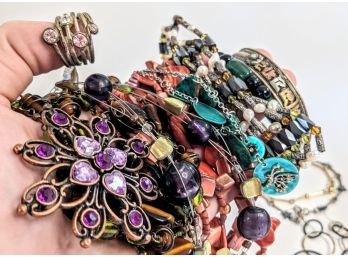 Assortment Of Vibrant Costume Jewelry For Wear Or Repair - Includes Necklaces Earrings Bracelets And Rings