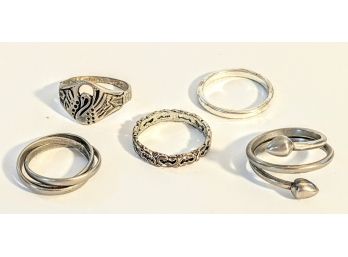 Grouping Of 5 Silver Rings With Whimsical Patterns