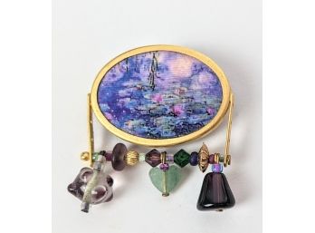 Artsy Purple Forest Hand-Made Brooch With Jade Heart Crystals And Dangles