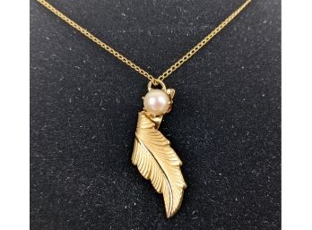 12K Gold Filled Feather Necklace With A Pearl