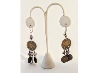 Thin Brass Coin Dangling Earrings With Purple Beads