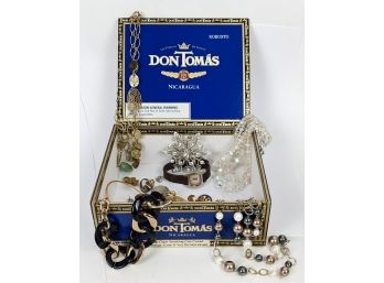 Nice Lot Of Costume Jewelry In A Cigar Box