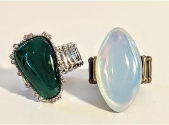 Pair Of Adjustable Rings To Fit Any Finger With Green And White Stones