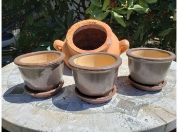 Three Ceramic Planters And One Terra Cotta Planter