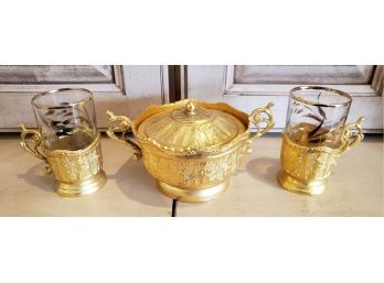 Gold Sugar Bowl And Pair Of Glass Coffee Cups With Gold Holders
