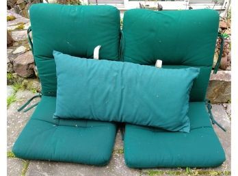 Four Green Outdoor Chair Cushions Seat & Backs (with Ties To Attach To Chairs) And Matching Lumbar Pillow