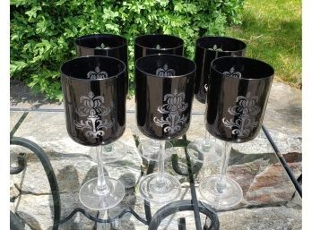 Set Of Six Blacked Etched Wine Goblets