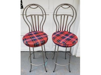 Pair Of Brushed Silver Metal Barstools With Red Plaid Fabric Seat Cushions 1970's Or 80's