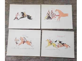 Group Of Four Sioux Indian Drawings Of Warriors And Horses
