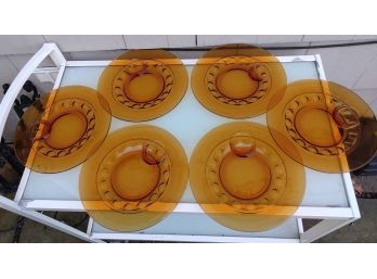 Set Of Six Vintage Amber Colored Glass Plates