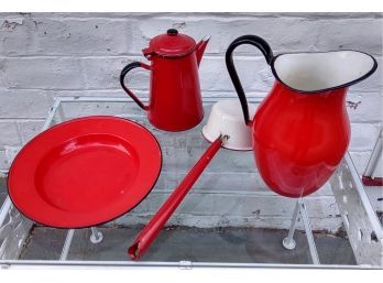 Vintage Red Enamel Tea Pot, Plate, Bowl And Pitcher
